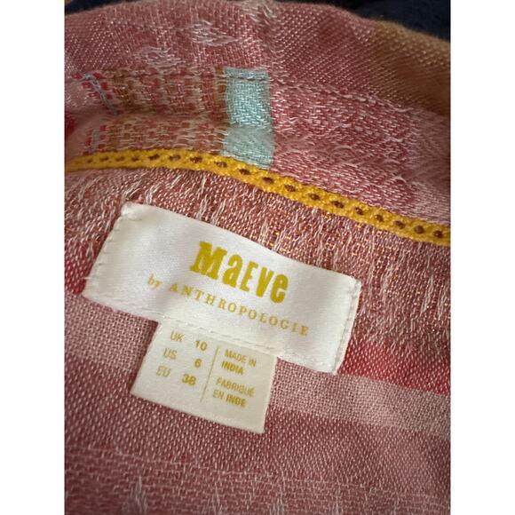 Maeve Anthropologie Calipatria Pink Peach Striped Blouse Button Front Woven Sz 6 - Picture 5 of 5